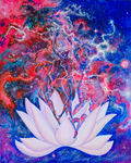 For Out of The Flower Comes Beauty – original acrylic painting by Marika Segal featuring ethereal feminine figures rising from a white lotus bloom against a cosmic nebula background