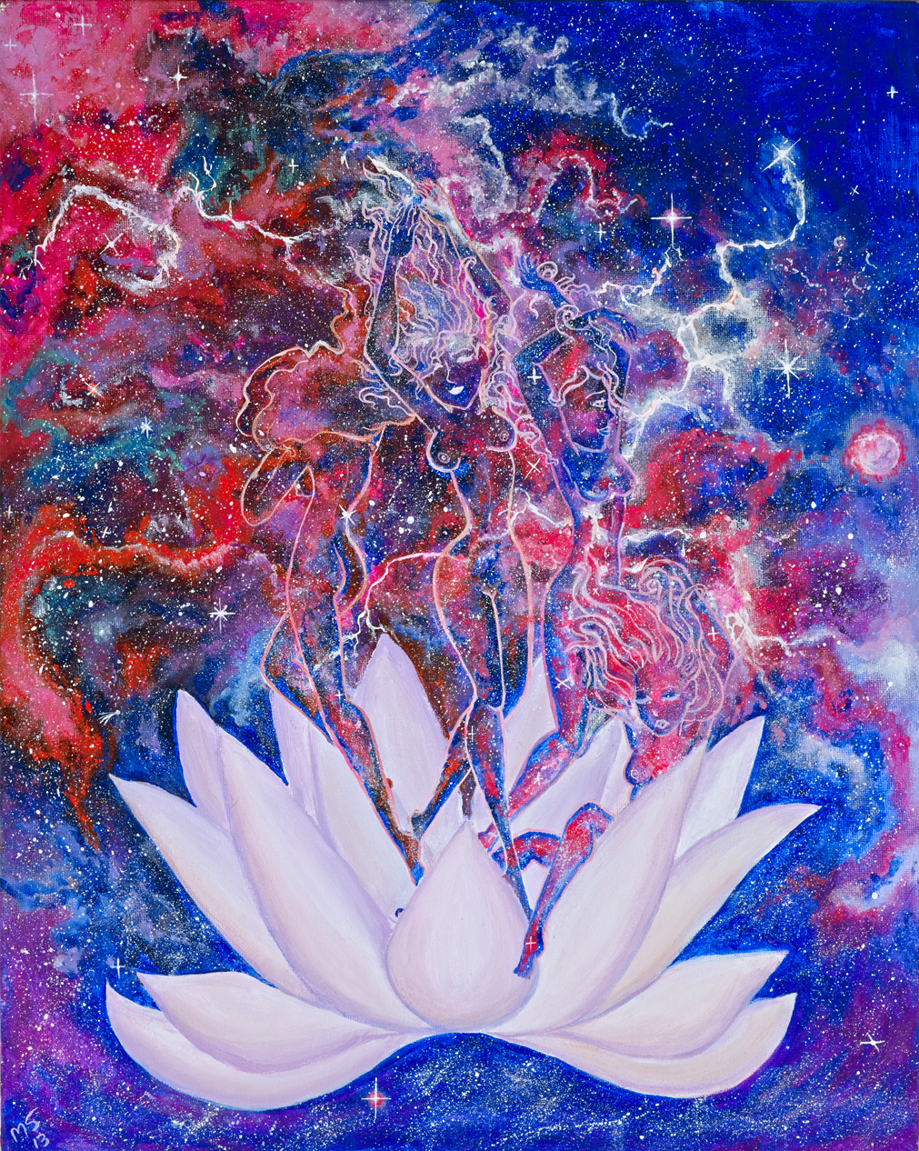 For Out of The Flower Comes Beauty – original acrylic painting by Marika Segal featuring ethereal feminine figures rising from a white lotus bloom against a cosmic nebula background