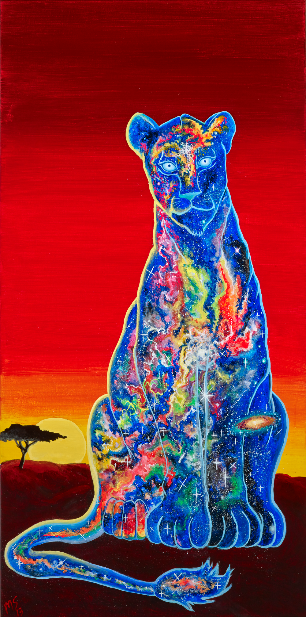 The Celestial Empress — original acrylic painting of a cosmic lioness against a fiery red sky, body filled with nebulae and stars