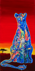 The Celestial Empress — original acrylic painting of a cosmic lioness against a fiery red sky, body filled with nebulae and stars