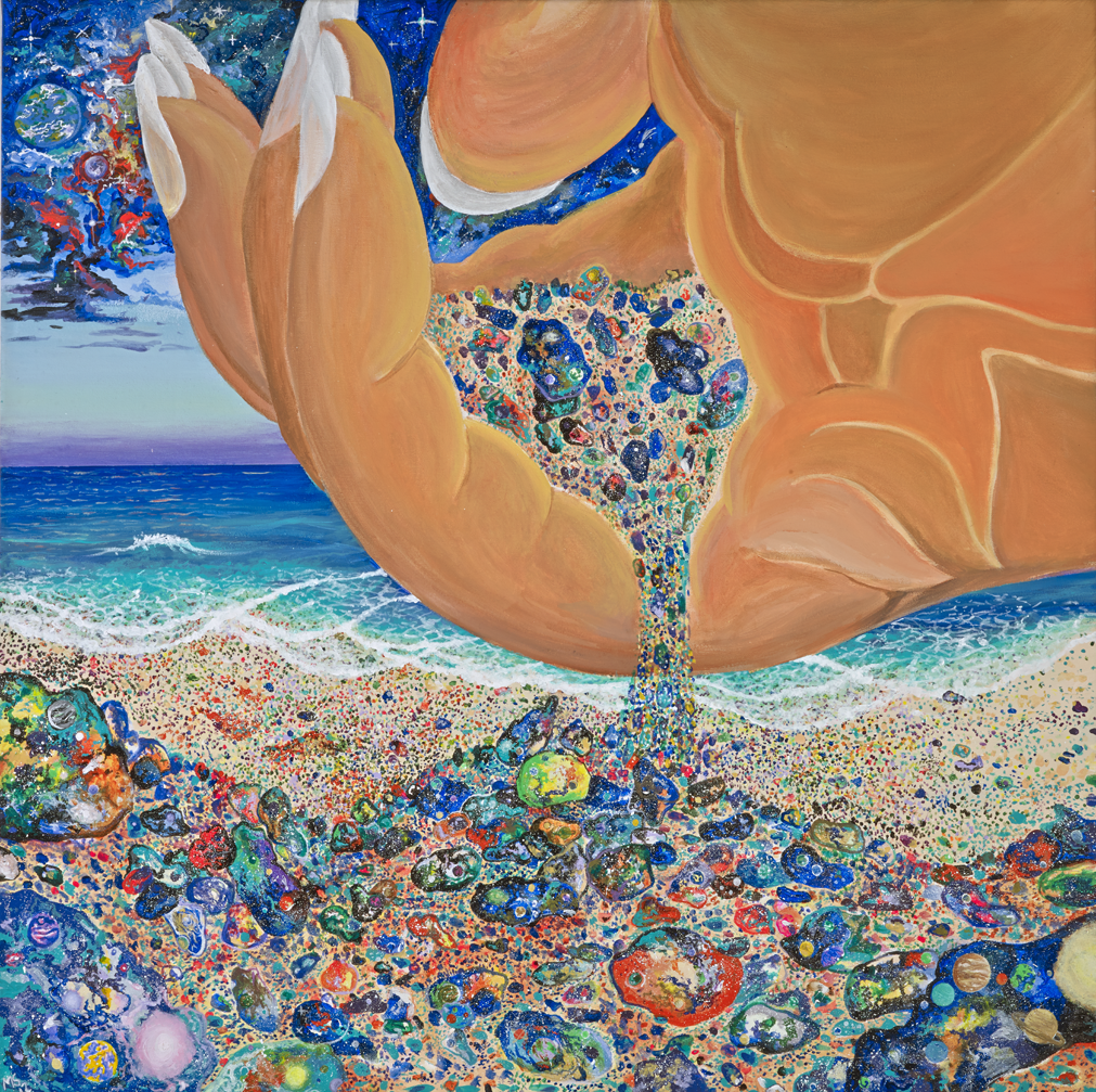 The Multiverses — original acrylic painting by Marika Segal, 36x36 inches, depicting cosmic hands releasing jewel-like universes onto a beach