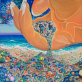 The Multiverses — original acrylic painting by Marika Segal, 36x36 inches, depicting cosmic hands releasing jewel-like universes onto a beach