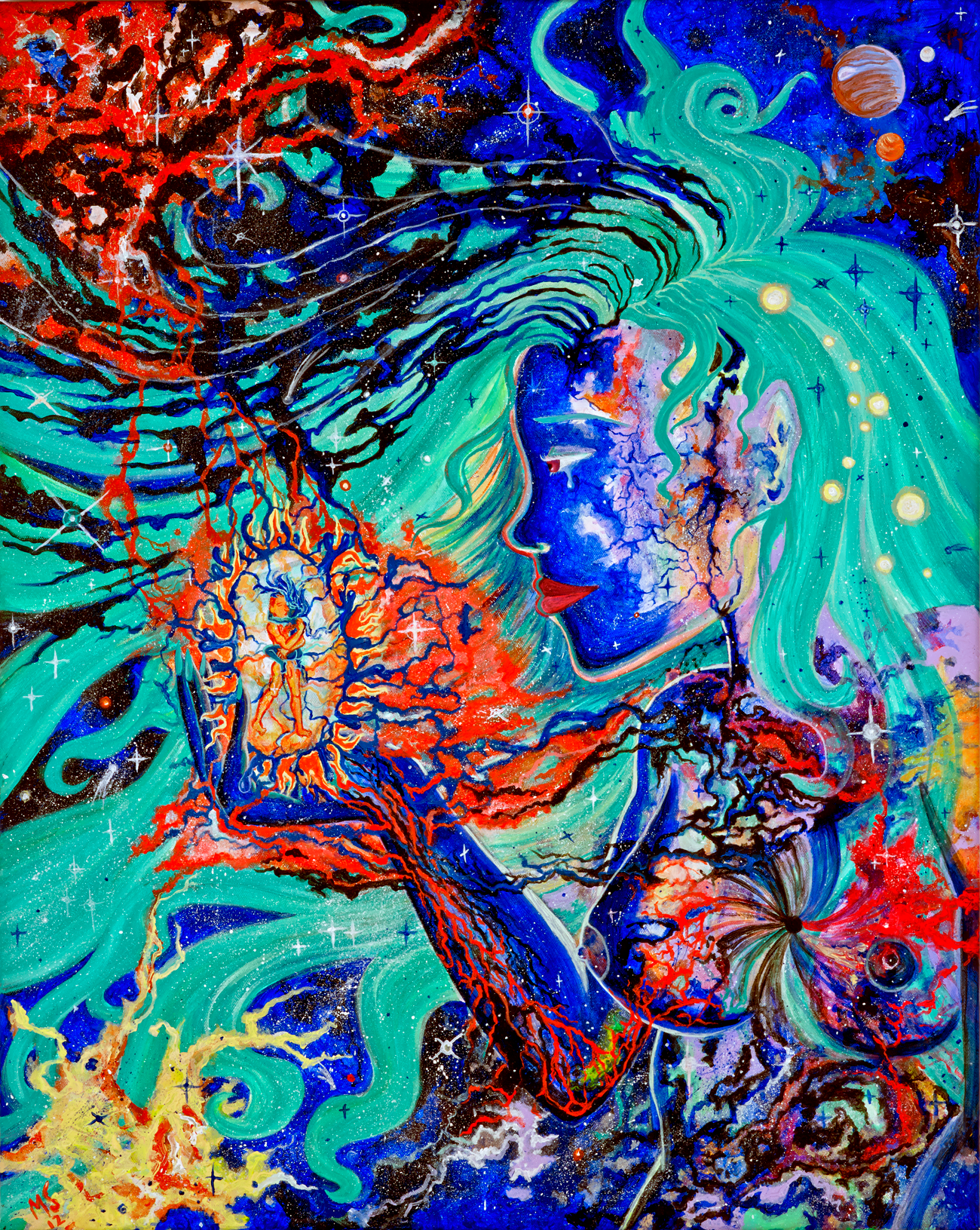 The Lonely Creator — original acrylic painting of a Cosmic Goddess holding a man of fire and woman of water in her palm, surrounded by stars and planets
