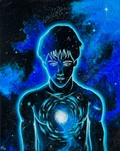 Darko — original acrylic painting of a cosmic figure with a glowing light portal on his chest, deep blue and black space background