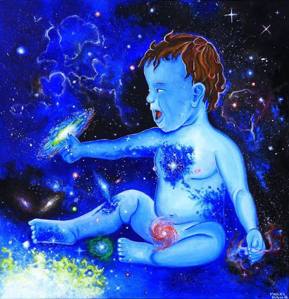 A Child's Play — oil on canvas 24x24, cosmic child playing with galaxies