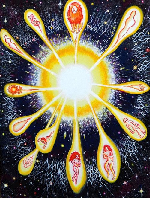Beings of the Sun — original acrylic painting 30x40 depicting luminous solar beings, a lion, sunflower, and cosmic symbols radiating from a blazing sun