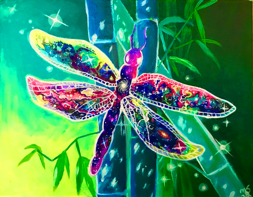 Cosmic Dragonfly – original acrylic painting on canvas featuring a galaxy-infused dragonfly in a bamboo forest