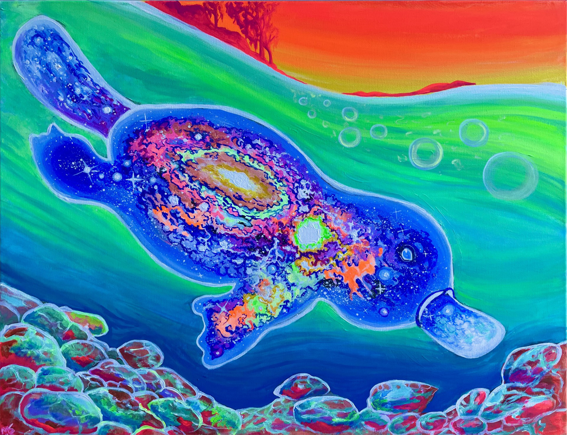Original acrylic painting of a cosmic platypus swimming through a galaxy with vibrant rainbow colors