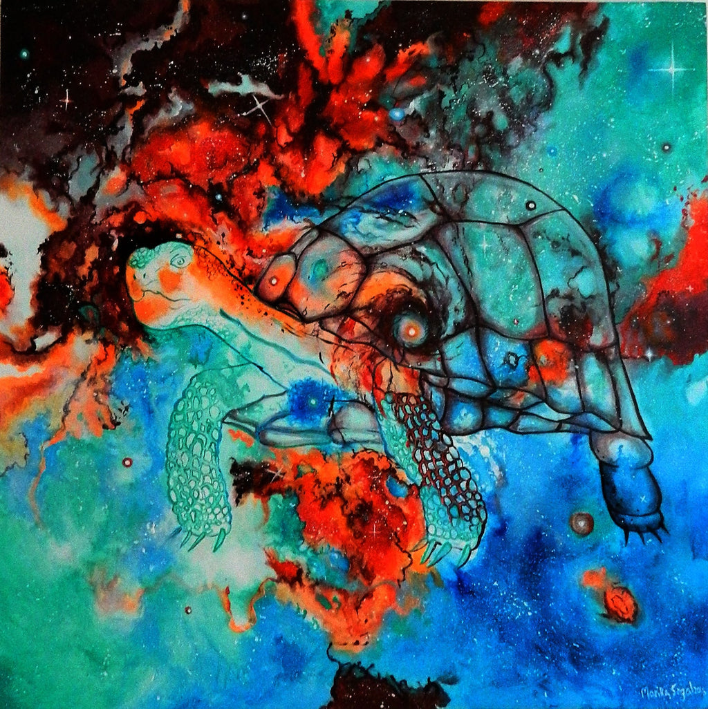 Grounded — original acrylic painting of a cosmic sea turtle in a swirling nebula, 48x48 inches