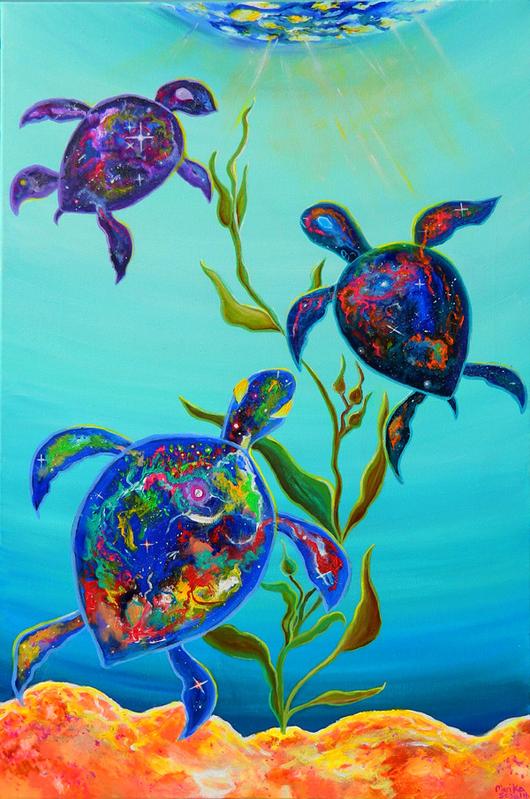 Heavenly Gaze – original acrylic painting of three cosmic sea turtles swimming in luminous turquoise water, 24x36 inches