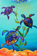 Heavenly Gaze – original acrylic painting of three cosmic sea turtles swimming in luminous turquoise water, 24x36 inches