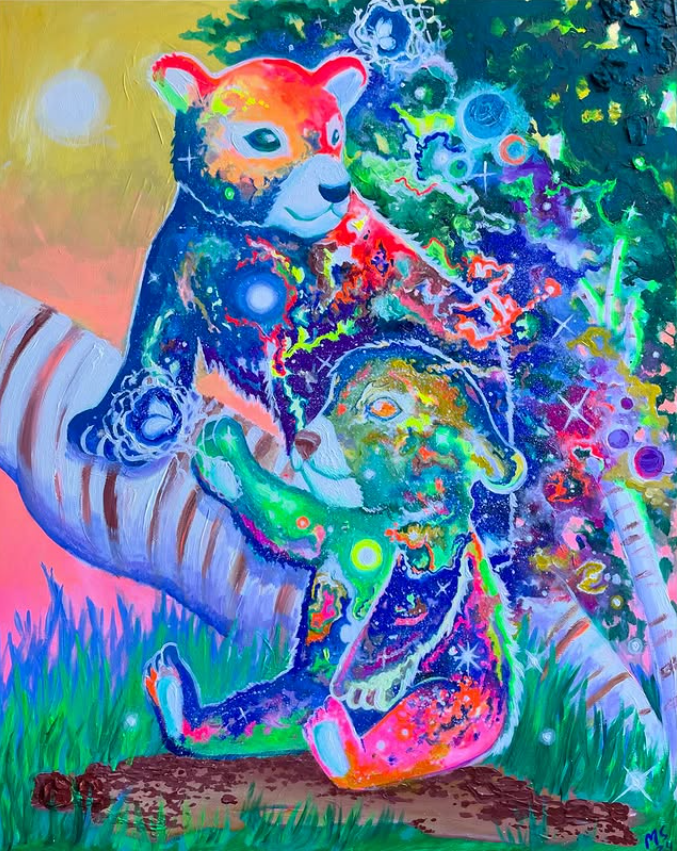 Innocence – Original acrylic on canvas painting 24x30, featuring cosmic bear figures in vibrant neon colors with starry, visionary detail