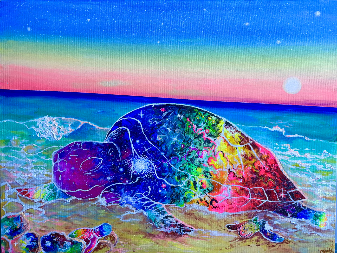 Iris at Rest – cosmic sea turtle original acrylic painting on canvas, 22x28 inches