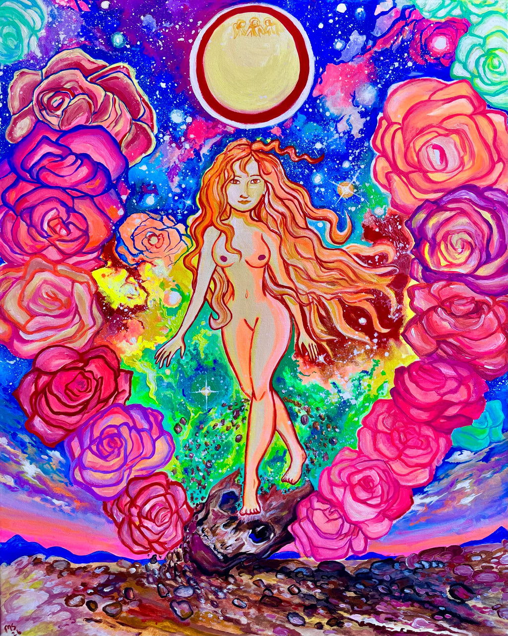 Acrylic painting of a cosmic sun goddess stepping over a skull, surrounded by vibrant roses and a glowing moon, inspired by Iboga visions and sacred feminine energy
