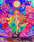 Acrylic painting of a cosmic sun goddess stepping over a skull, surrounded by vibrant roses and a glowing moon, inspired by Iboga visions and sacred feminine energy