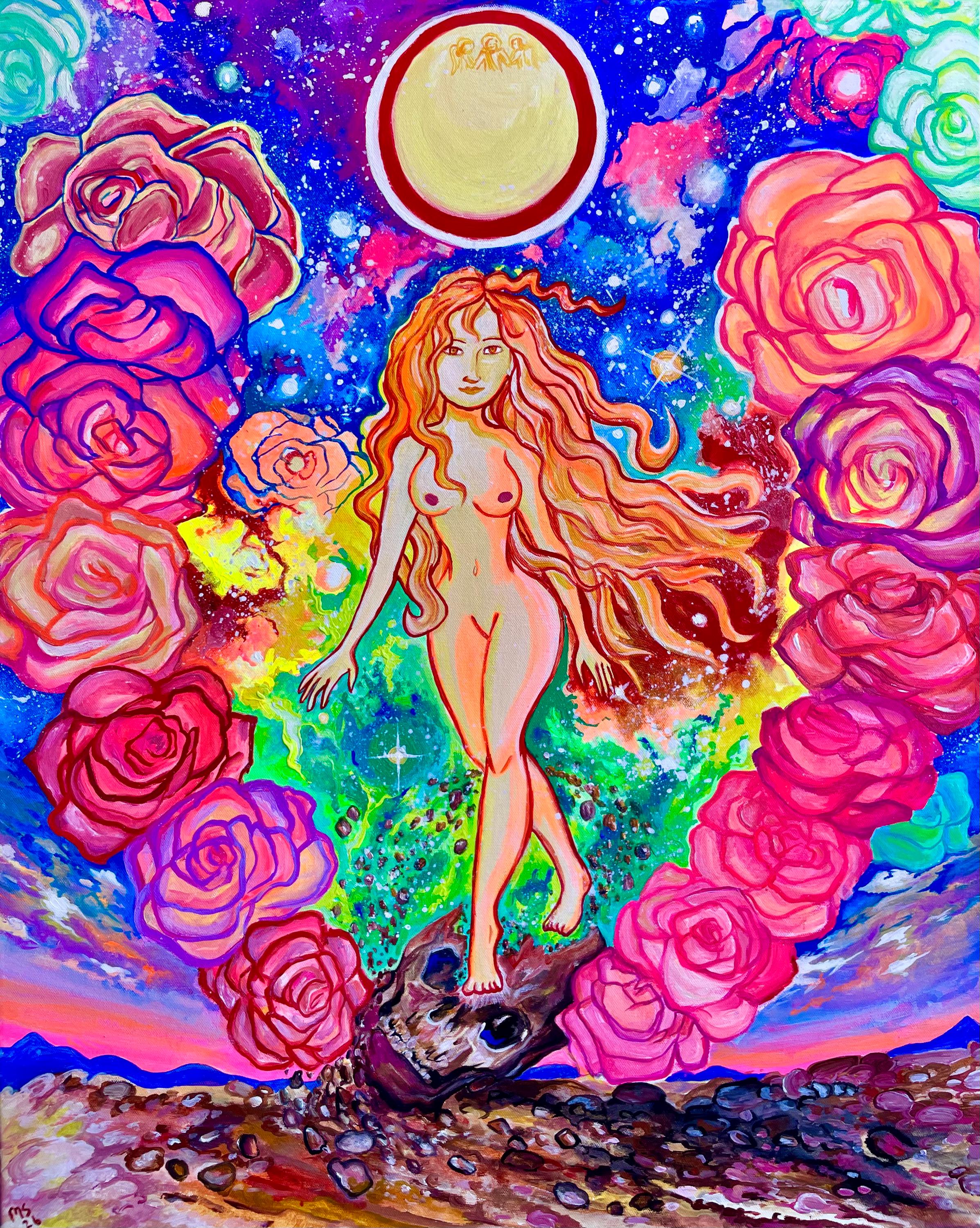Acrylic painting of a cosmic sun goddess stepping over a skull, surrounded by vibrant roses and a glowing moon, inspired by Iboga visions and sacred feminine energy