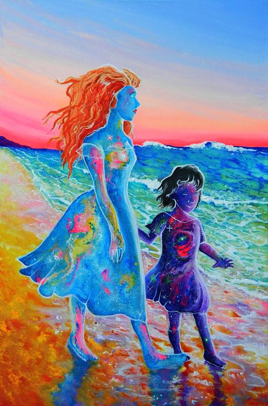 Placidity – galactic mother and cosmic daughter walking on a sunset beach, acrylic on canvas 24x36