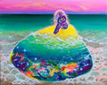 Refuge of a Shell — acrylic on canvas, 16x20, woman resting on a cosmic shell with ocean and galaxy within