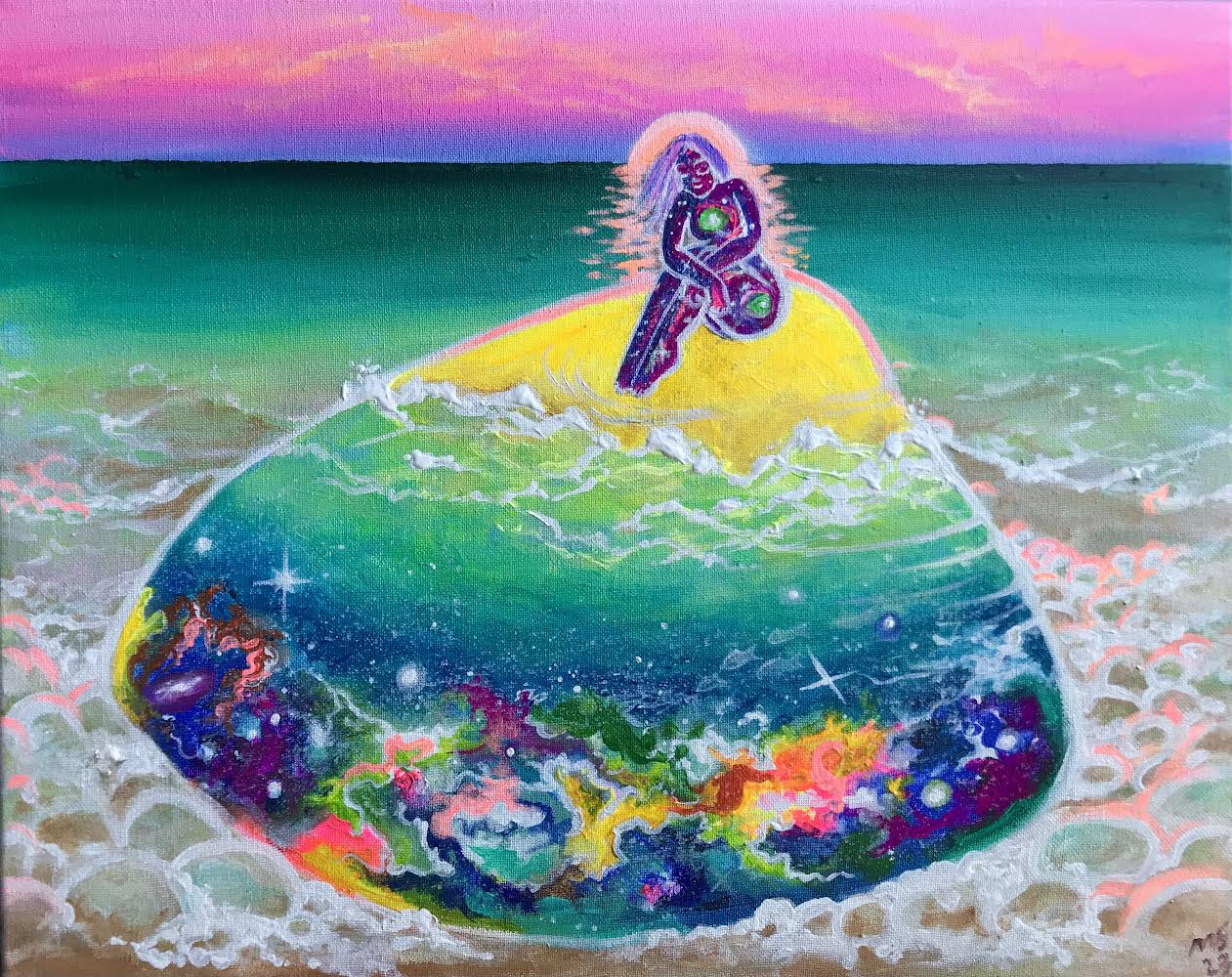 Refuge of a Shell — acrylic on canvas, 16x20, woman resting on a cosmic shell with ocean and galaxy within