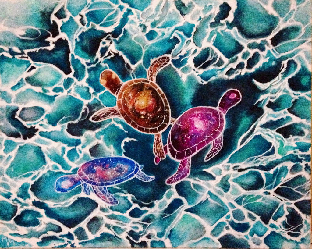The Triad — three cosmic sea turtles with galaxy shells swimming through luminous teal ocean waves, 16x20 acrylic on canvas original painting