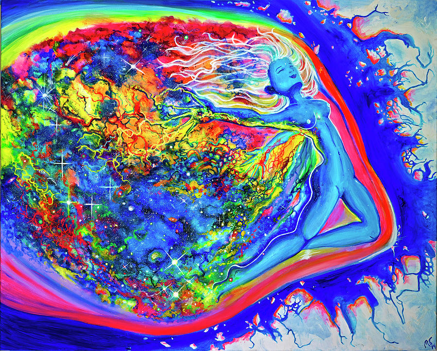 Breaking Free — original cosmic psychedelic painting displayed on wall above sofa