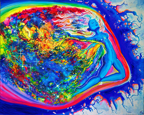 Breaking Free — original cosmic psychedelic painting displayed on wall above sofa