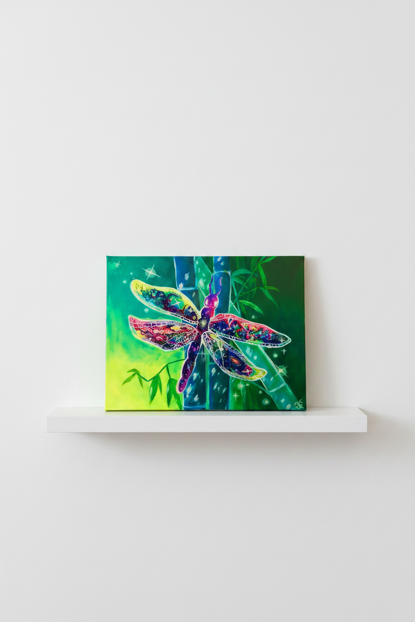 Cosmic Dragonfly on White Shelf