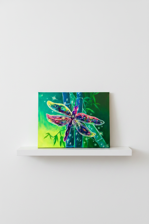 Cosmic Dragonfly on White Shelf