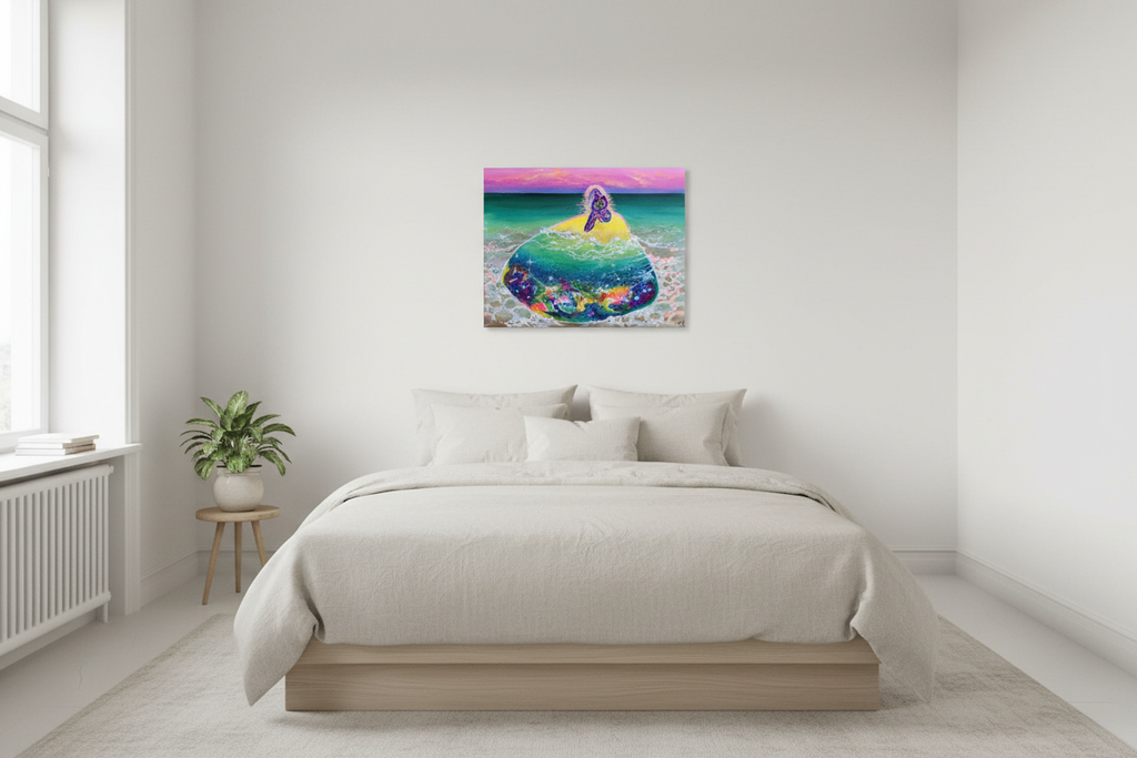 Refuge of a Shell painting displayed above a bed in a simple minimal bedroom setting