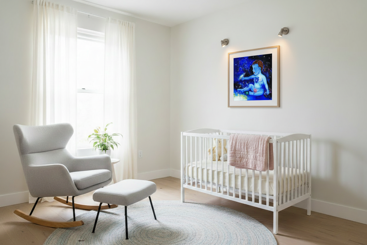A Child's Play — nursery room mockup, oil painting hung above a baby crib