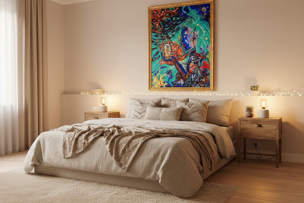 The Lonely Creator painting displayed in a female bedroom setting